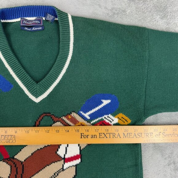 Vintage Hathaway Knitted Golf Sweater V-Neck Pullover Green Retro Y2K Grandpa M - Picture 9 of 9